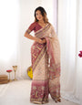 Beige & Mauve Handloom Cotton Saree with Floral Jaal, Peacock Motifs & Storytelling Pallu