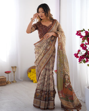 Beige & Brown Handloom Cotton Saree with Mythical Kalamkari Pallu and Elephant Motifs