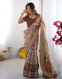 Beige & Brown Handloom Cotton Saree with Mythical Kalamkari Pallu and Elephant Motifs