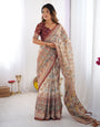 Beige & Maroon Handloom Cotton Saree with Multicolor Floral Print and Majestic Bird Art Pallu