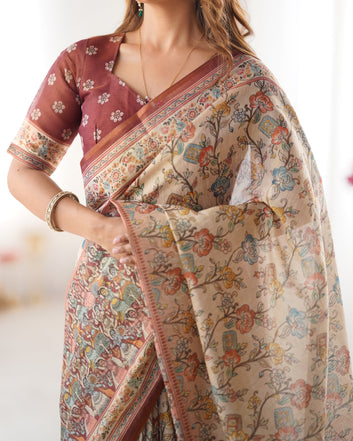 Beige & Maroon Handloom Cotton Saree with Multicolor Floral Print and Majestic Bird Art Pallu