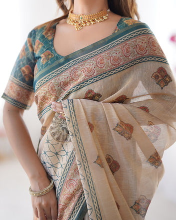 Ivory & Teal Handloom Cotton Saree with Buti Print, Mandala Motifs & Peacock Pallu