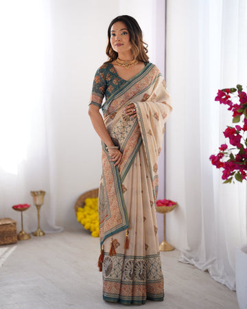 Ivory & Teal Handloom Cotton Saree with Buti Print, Mandala Motifs & Peacock Pallu