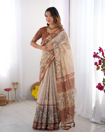 Elegant Beige & Brown Pure Linen Cotton Handloom Saree with Animal Motifs and Floral Prints