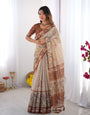 Elegant Beige & Brown Pure Linen Cotton Handloom Saree with Animal Motifs and Floral Prints