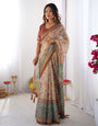 Beige & Green Handloom Cotton Saree with Village Life Print and Majestic Peacock Pallu