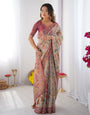 Cream & Pink Handloom Cotton Saree with Pastel Floral Print and Ornamental Tree Pallu