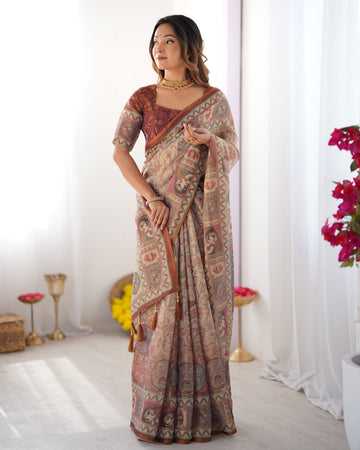 Beige & Maroon Handloom Cotton Saree with Royal Faces & Elephant Pallu Motif