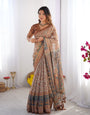 Beige & Rust Pure Linen Cotton Saree with Folk Animal Motif & Floral Print