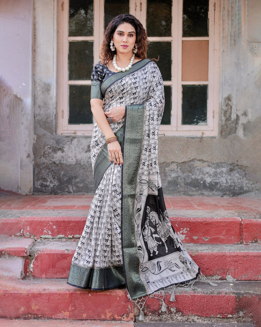 Pure Silk Digitally Printed Saree Weaved With Golden Zari Comes With Tassels - Almaari Fashion